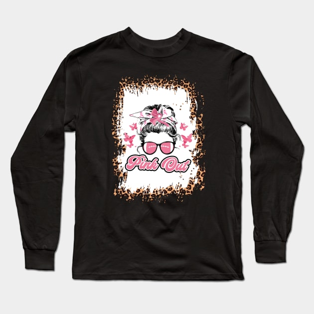 Pink Out Breast Cancer Football Bleached Leopard Messy Bun Long Sleeve T-Shirt by HBart